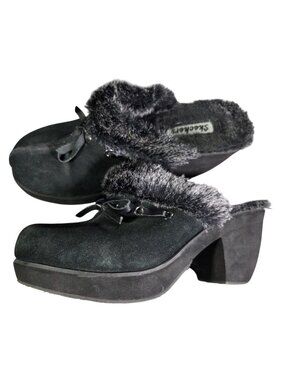 VTG Y2K Skechers Suede Faux Fur Lined Platform Heeled Mules Sz 8 Bratz Downtown